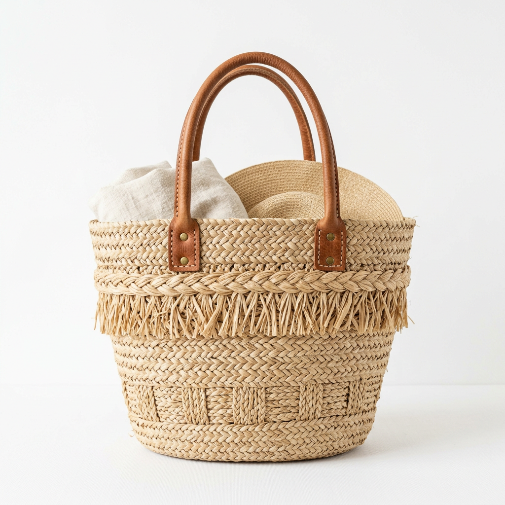 Handmade woven straw beach tote bag with leather handles