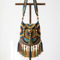 Handmade colorful boho crochet knit shoulder bag with wooden beads and tassels