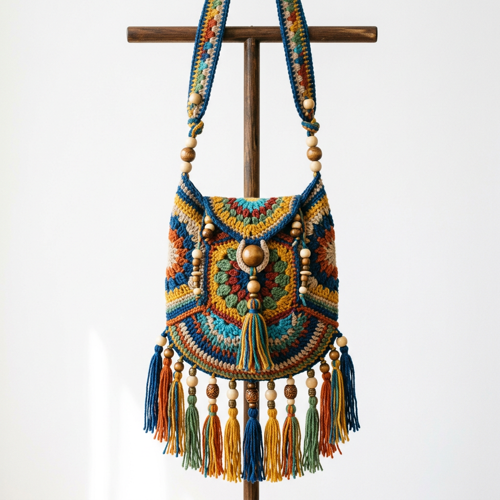 Handmade colorful boho crochet knit shoulder bag with wooden beads and tassels
