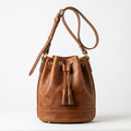 Handmade brown leather bucket bag with drawstring closure