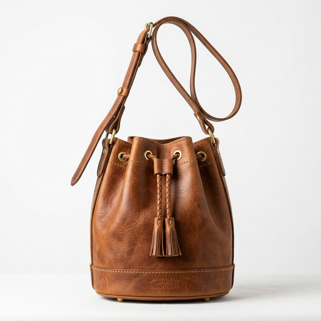 Handmade brown leather bucket bag with drawstring closure