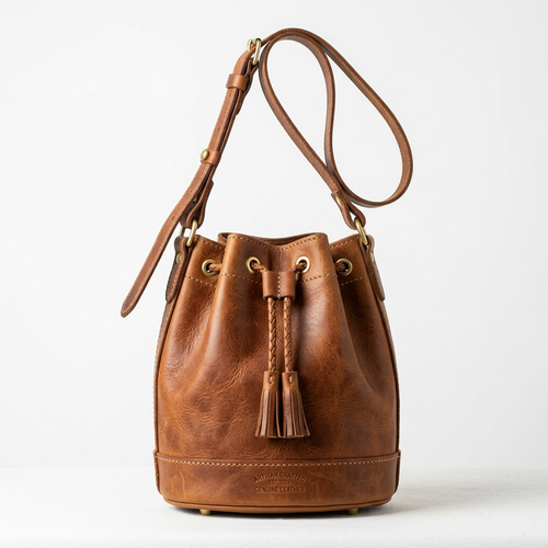 Handmade brown leather bucket bag with drawstring closure