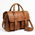 Handmade vintage tan leather satchel with brass buckle closures